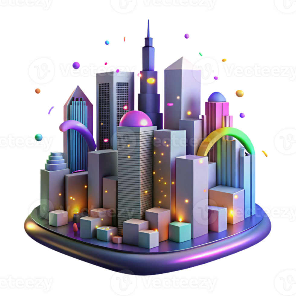 impressive artistic Nighttime City Skyline with Colorful Lights Isolated Element detailed png