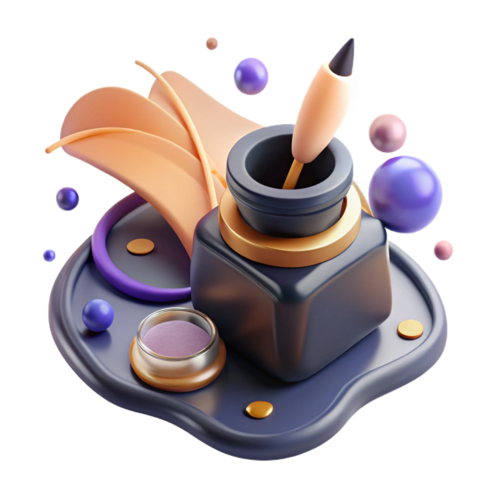 vibrant classic Inkwell and Dip Pen Side View Isolated authentic png