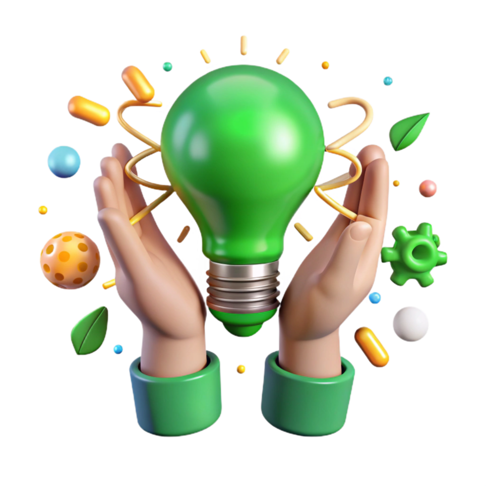 serene minimalist Hands Holding Lightbulb Green Energy Transparent Background detailed png