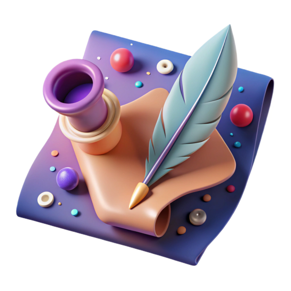 beautiful minimalist Paper and Quill Pen Diagonal View Isolated png