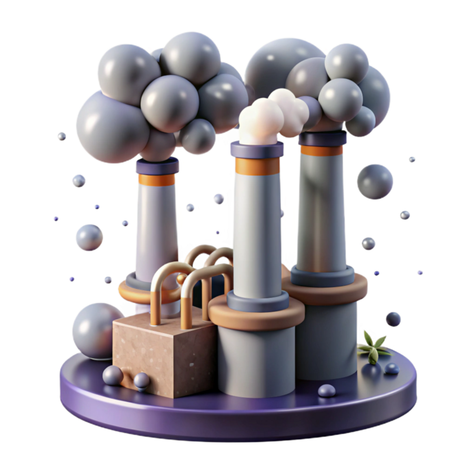 vibrant traditional Industrial Smokestacks Isolated with Gray Smoke Plumes genuine png