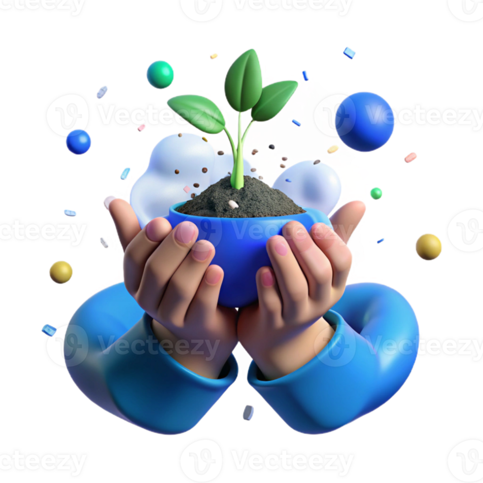 serene minimalist Hands Holding Seedling Against Blue Sky Cutout premium png