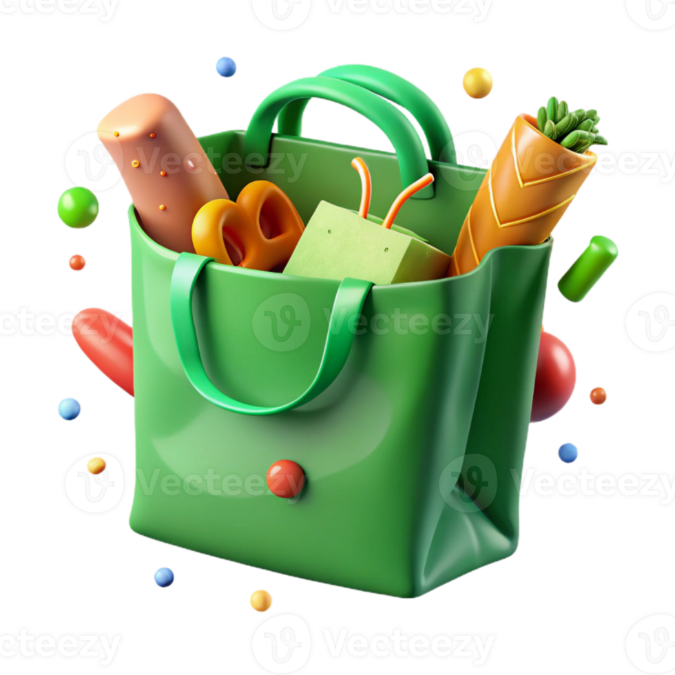 beautiful minimalist Green Shopping Bag with Groceries Cutout Transparent Background original png