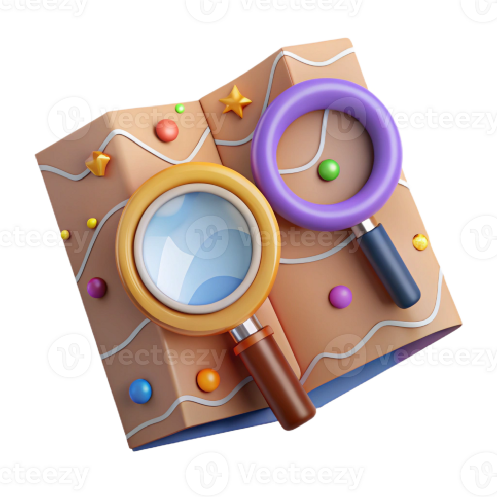 vibrant vintage Map with Magnifying Glass Isolated Element Transparent Background professional png