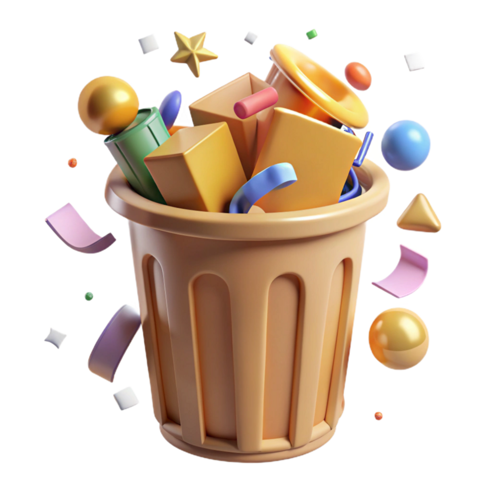 impressive minimalist Recycle Bin Overflowing with Plastic Transparent Background png