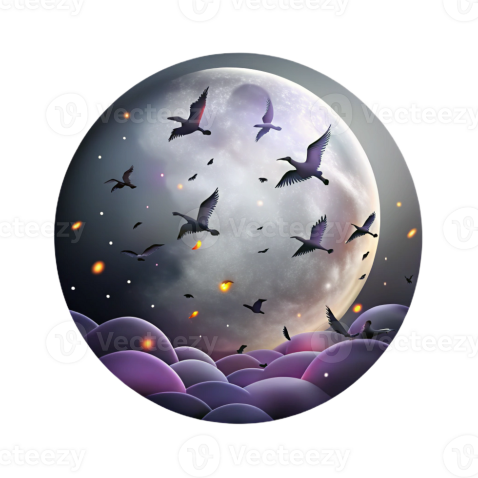 serene abstract Migrating Birds at Night Isolated Silhouette Moonlit Sky professional png