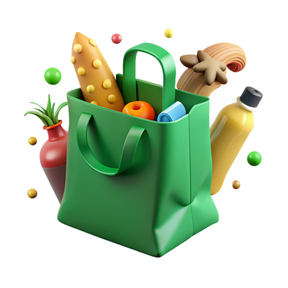 elegant artistic Green Shopping Bag with Groceries Cutout Transparent Background genuine png