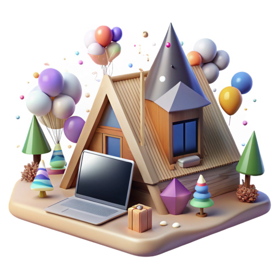 beautiful vintage Mountain Cabin with Laptop and Wi-fi Transparent Background high resolution png