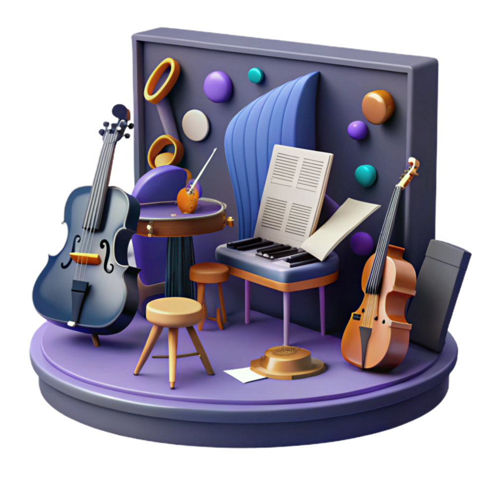 beautiful rustic Music Classroom with Instruments and Sheet Music Cutout original png