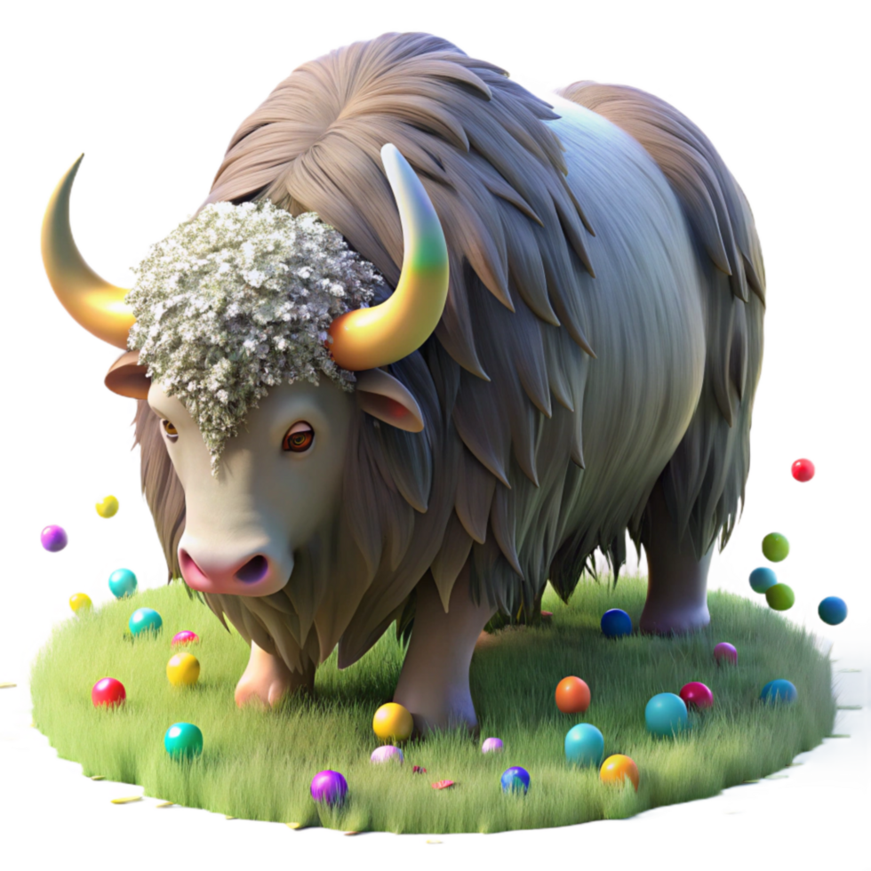 beautiful artistic Musk Ox Grazing in Meadow Summer Coat Transparent authentic png