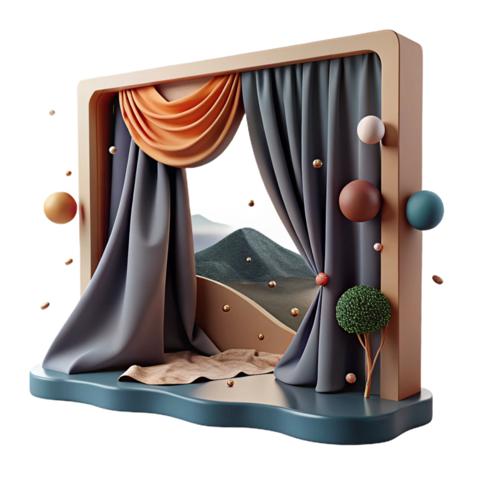beautiful vintage Open Curtain Revealing a Landscape Cutout 4K png
