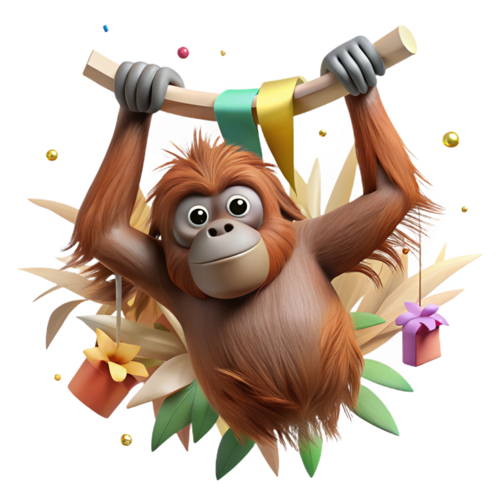 beautiful artistic Orangutan Hanging From a Branch Cutout Element premium png