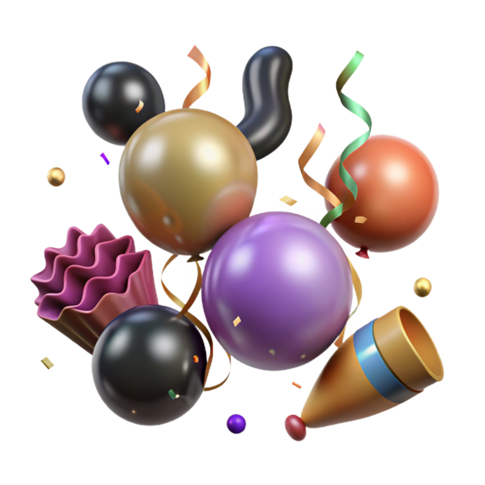 beautiful abstract Party Streamers and Balloons Isolated on Transparent Background 4K png