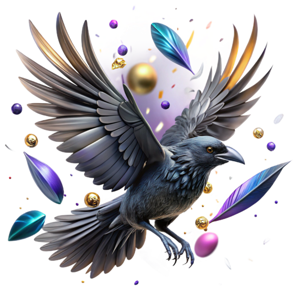 beautiful abstract Raven in Flight Transparent Background Black Feathers Dynamic Angle detailed png