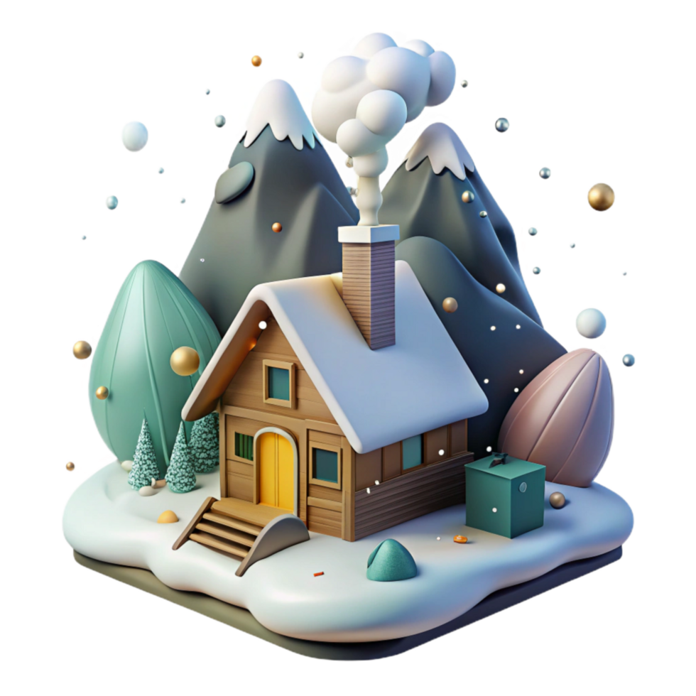 beautiful abstract Snowy Mountain Cabin with Smoke From Chimney Isolated Element detailed png