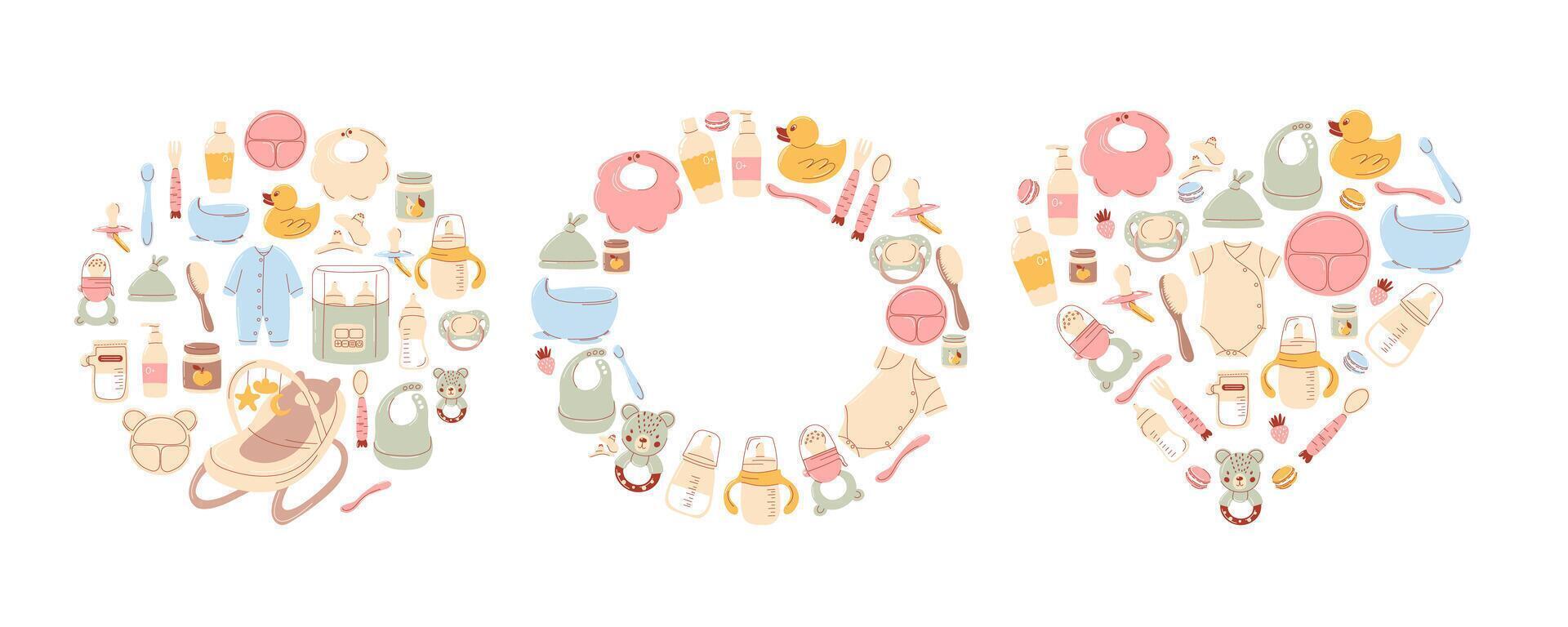 Cute baby essentials composition set. Heart, circle, round geometric shapes with space for text. Motherhood concept. Perfect for baby shower design, card, print. Adorable newborn items. vector