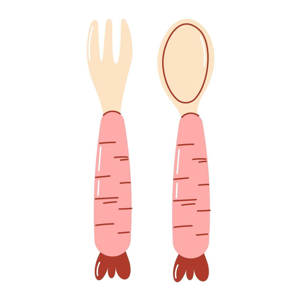 Cute baby fork and spoon set shaped like carrots. Fun design for baby-led weaning and first feeding. Colorful and playful flat hand drawn illustration. vector
