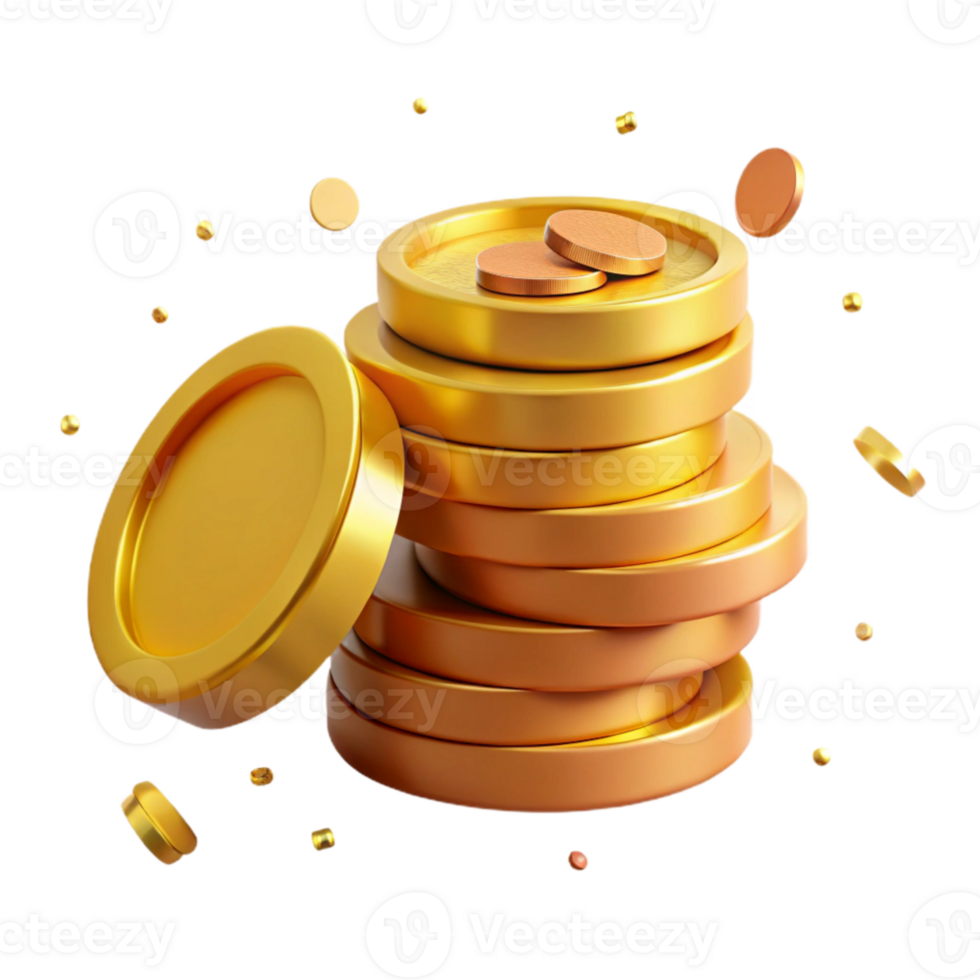 elegant abstract Gold Coin Stack Perspective View Cutout on Transparent Background premium png