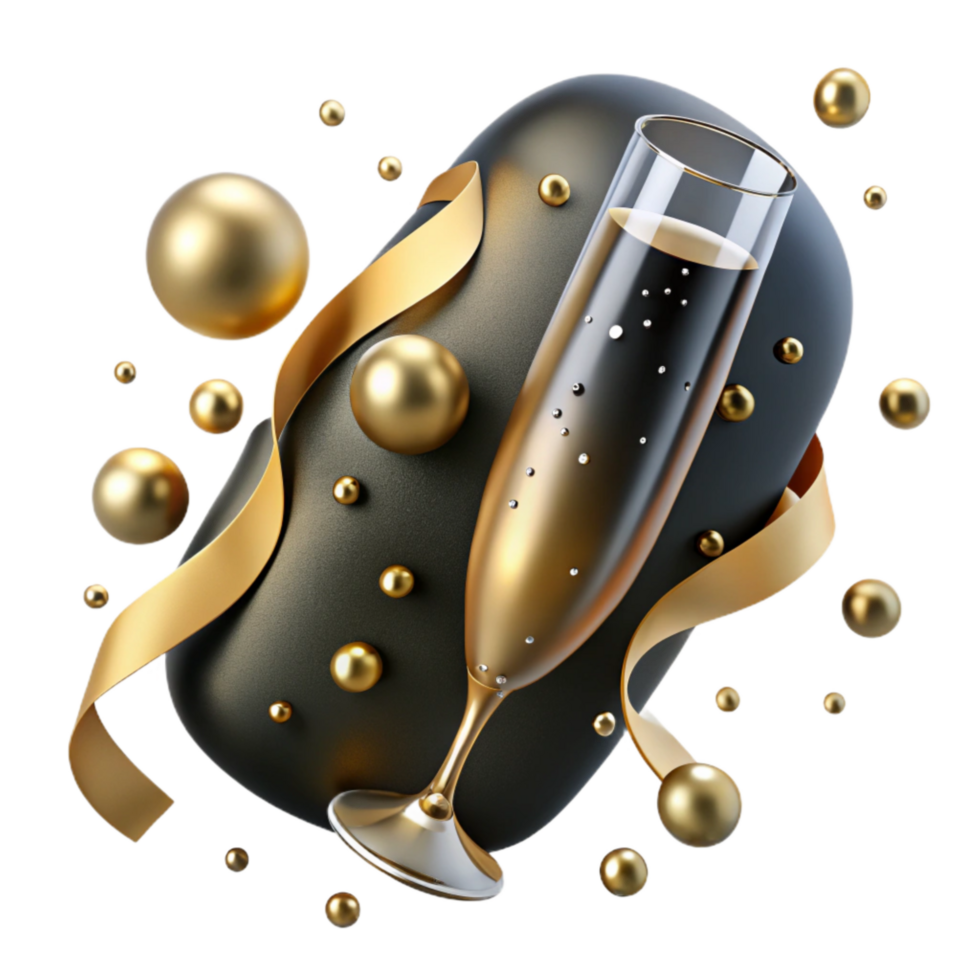 extraordinary artistic Sparkling Champagne Flute with Golden Bubbles Isolated detailed png