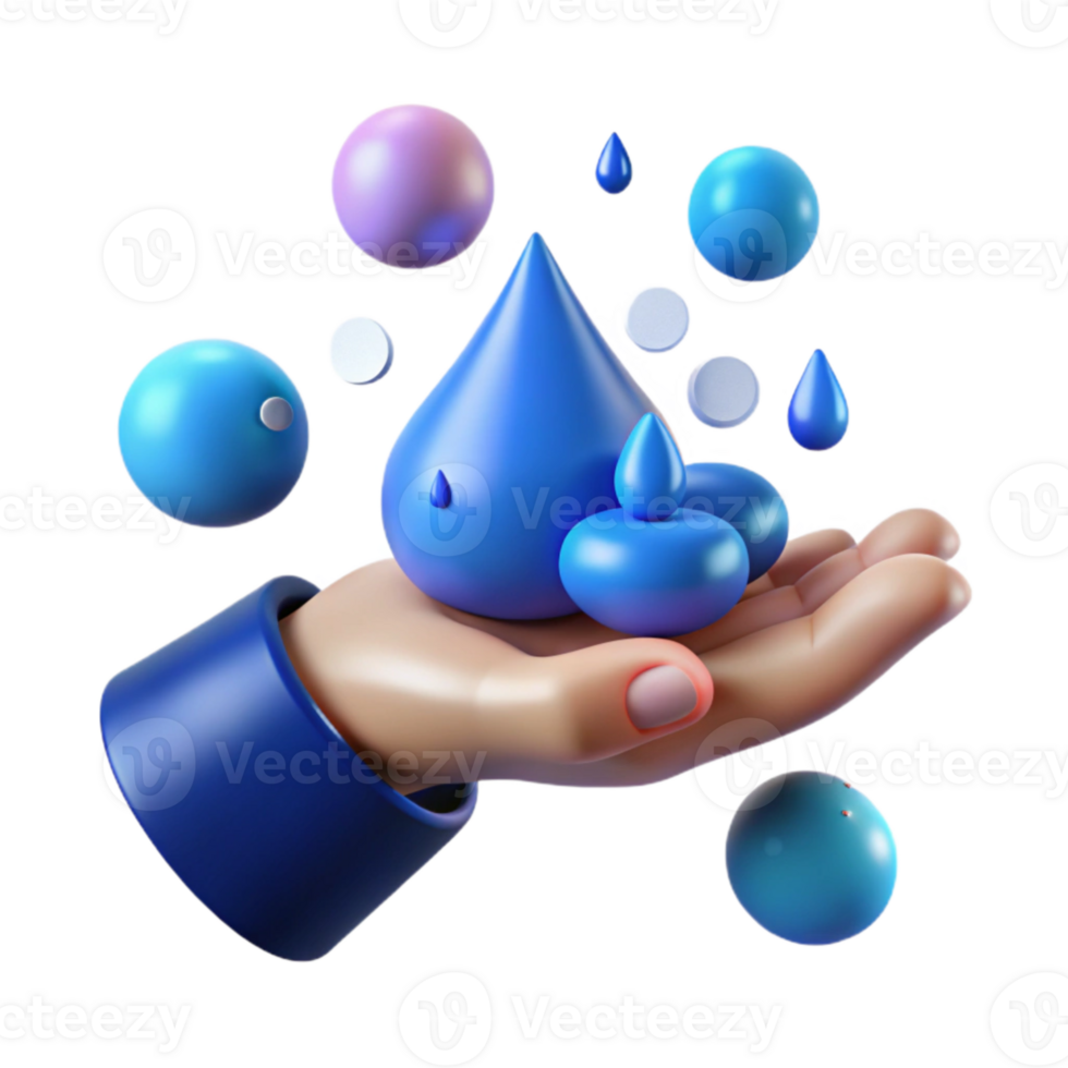 serene minimalist Open Hand Receiving Rain Drops Isolated Element with Blue Hues detailed png