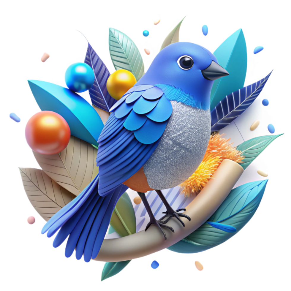 vibrant minimalist Spring Bird Blue Feathers Perched Branch Cutout Transparent Background exclusive png