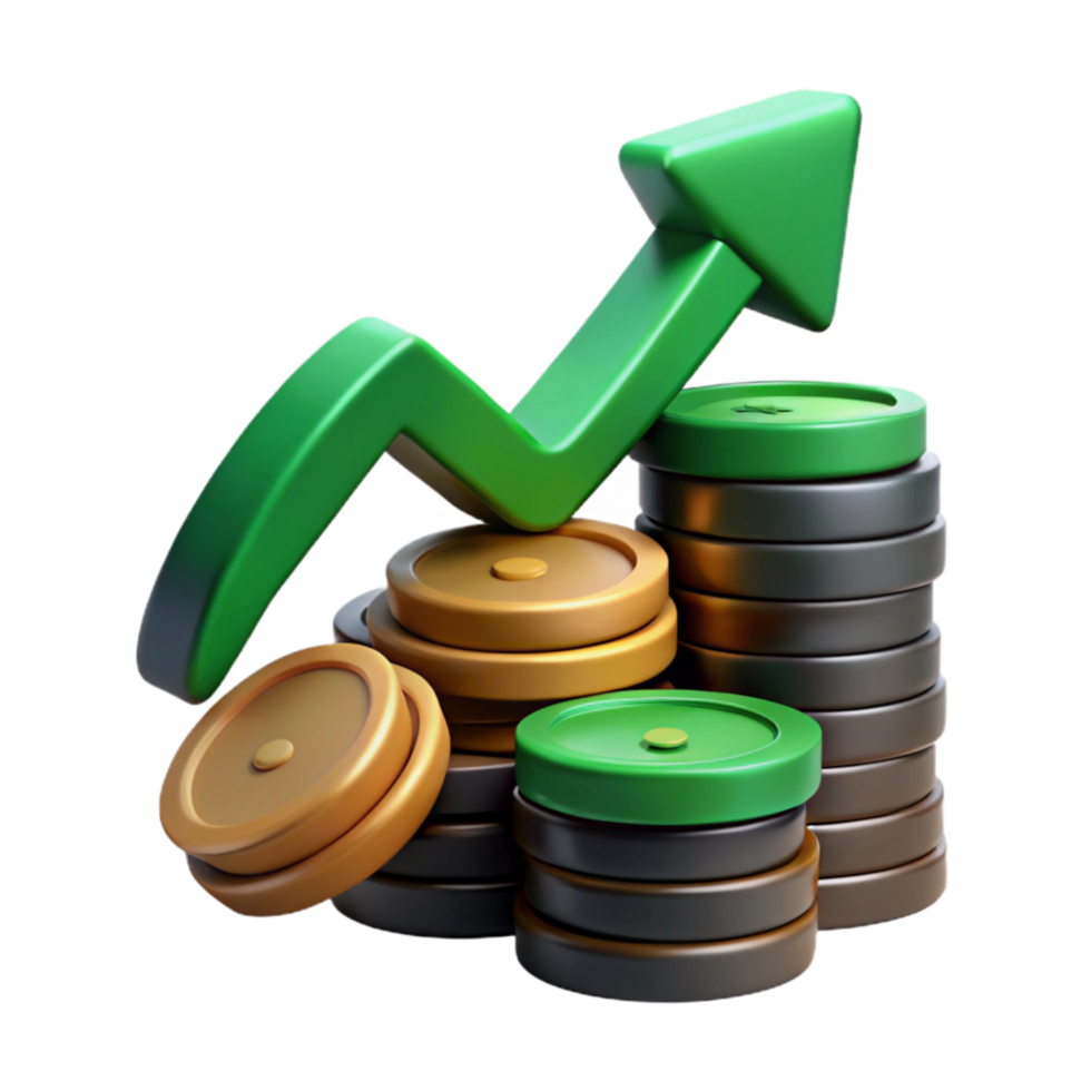 extraordinary abstract Stacked Coins with Green Upward Arrow Isolated detailed png