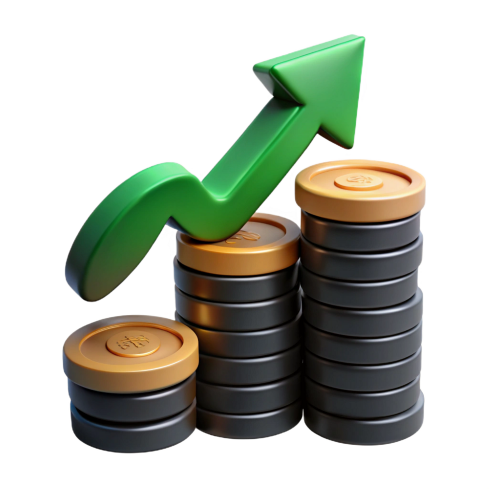 beautiful rustic Stacked Coins with Green Upward Arrow Isolated exclusive png