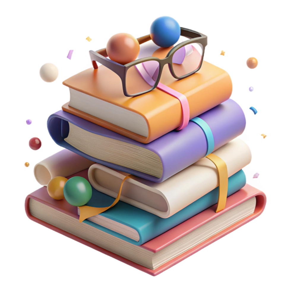 wonderful artistic Stack of Books with Eyeglasses Cutout premium png
