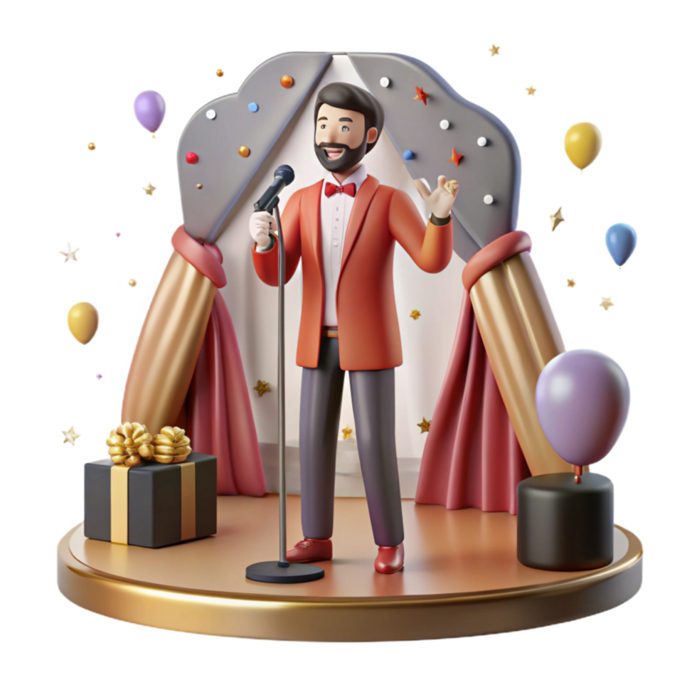 serene classic Stand Up Comedian on Stage with Microphone Cutout high quality png