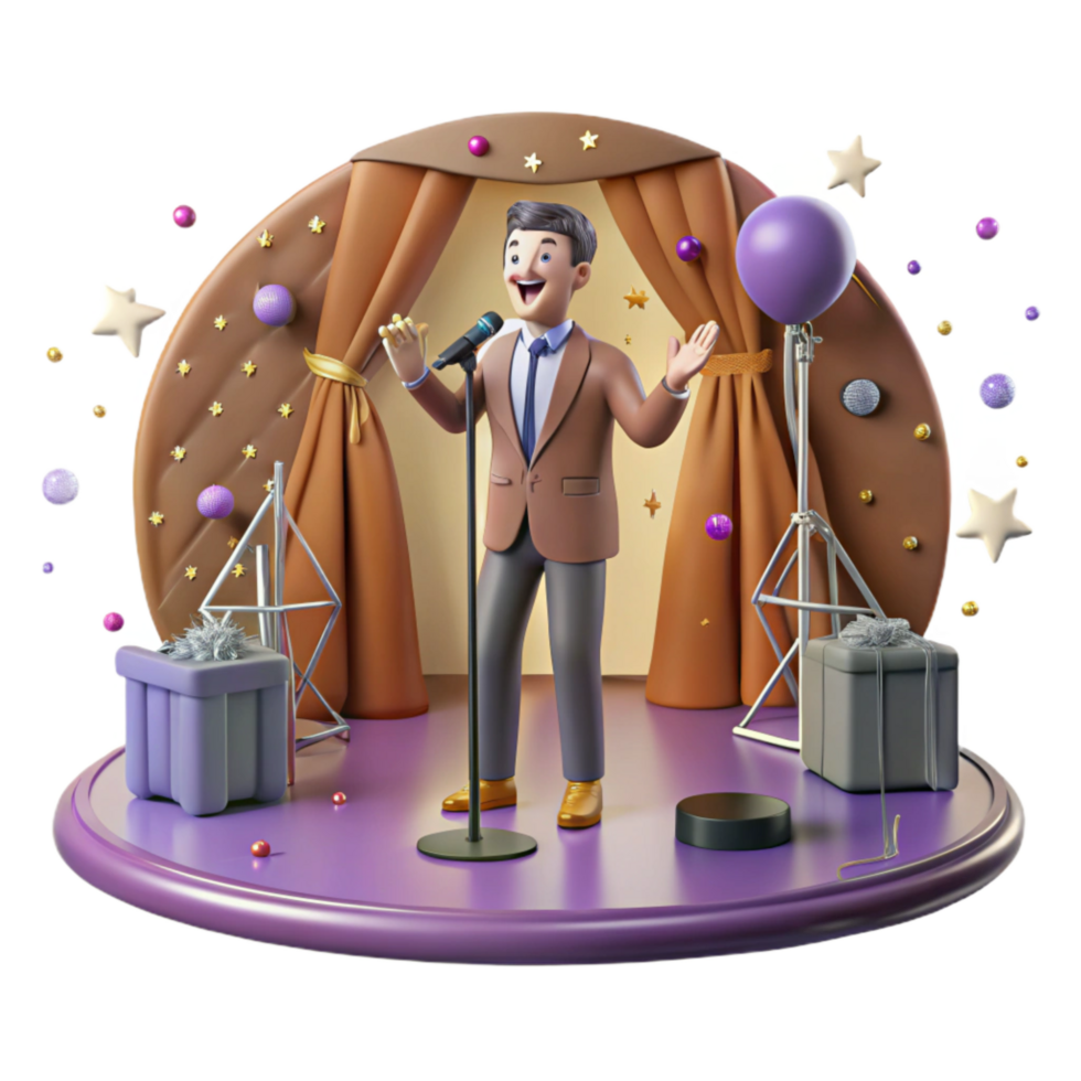 serene traditional Stand Up Comedian on Stage with Microphone Cutout high resolution png