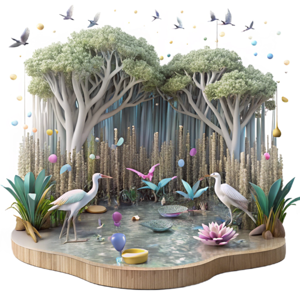 stunning minimalist Mangrove Forest Panorama with Birds Cutout on Transparent Background authentic png