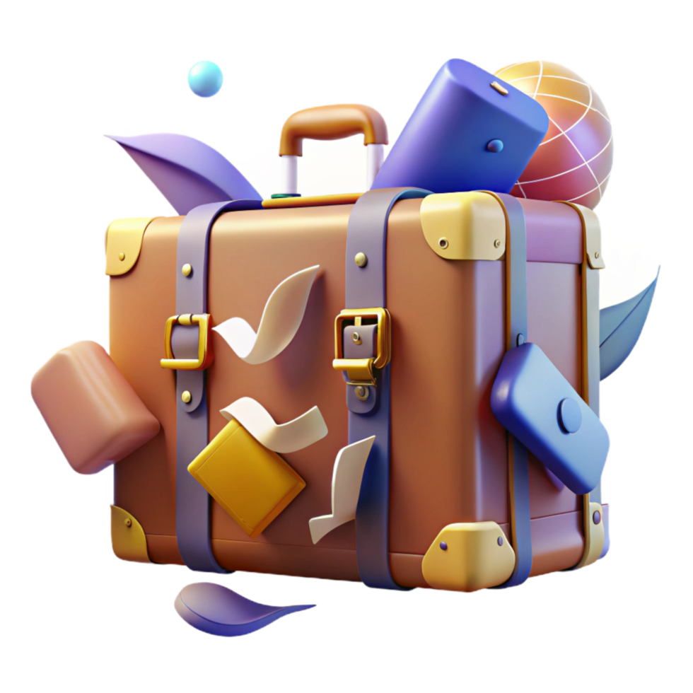 impressive classic Suitcase with Travel Documents Transparent Background high quality png