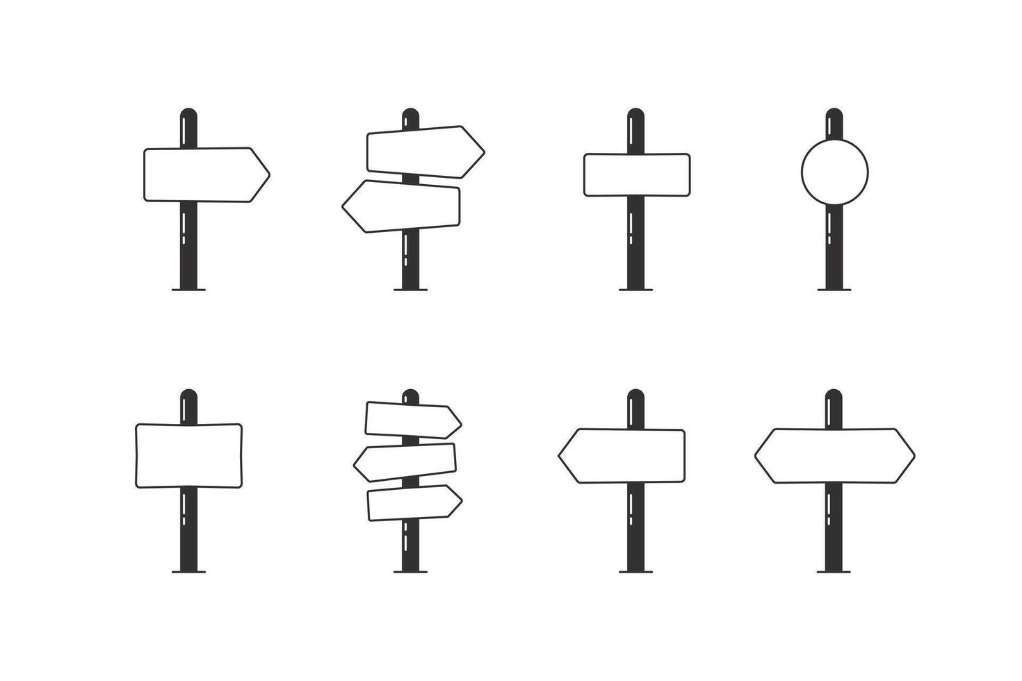 Set of 8 empty road sign post arrows indicating pointing towards directions. Isolated illustration icon graphics to add text with your concepts vector