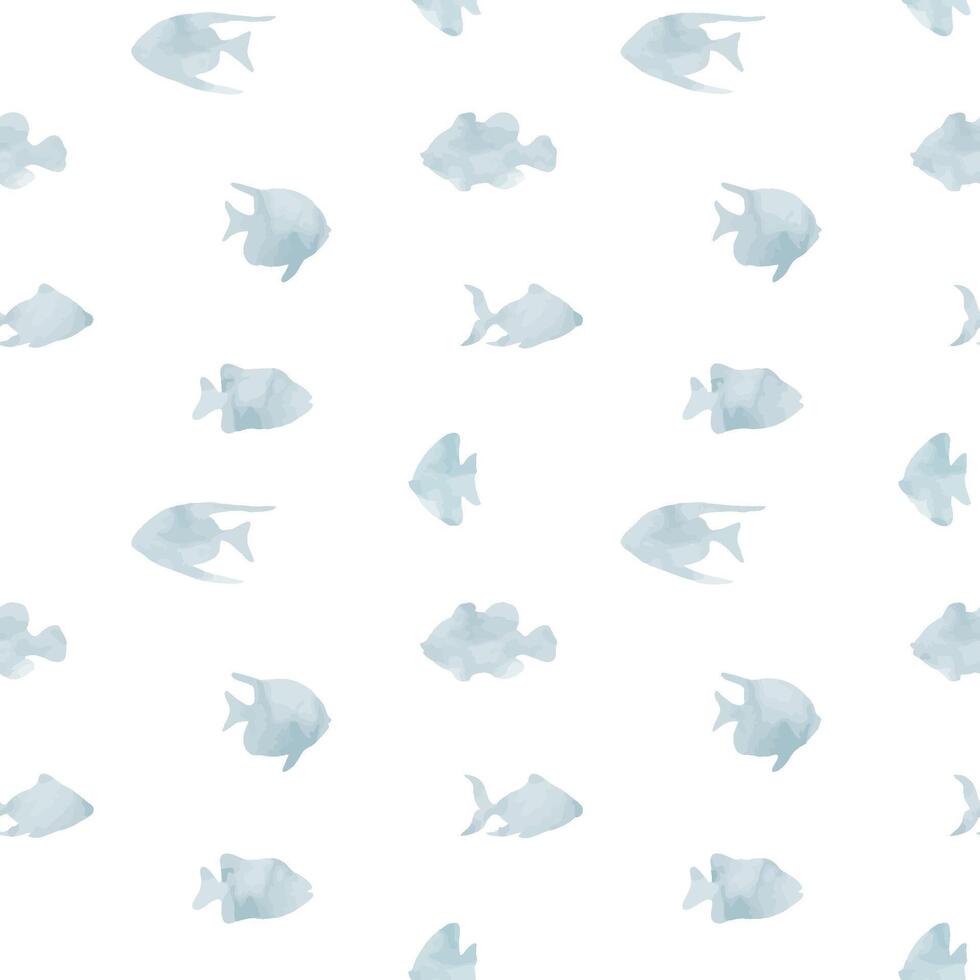 Seamless Pattern with fish silhouettes in soft watercolor shades. Drawing of school for marine design, wrapping paper or textile design. Ornament with nautical animals for wallpaper or fabric. vector