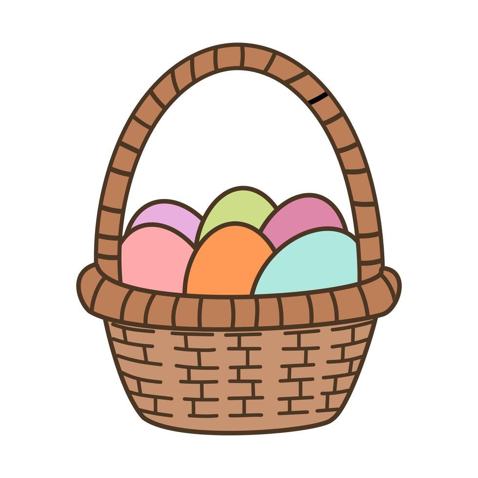 Cute cartoon spring basket filled with colorful eggs illustration isolated on white background vector