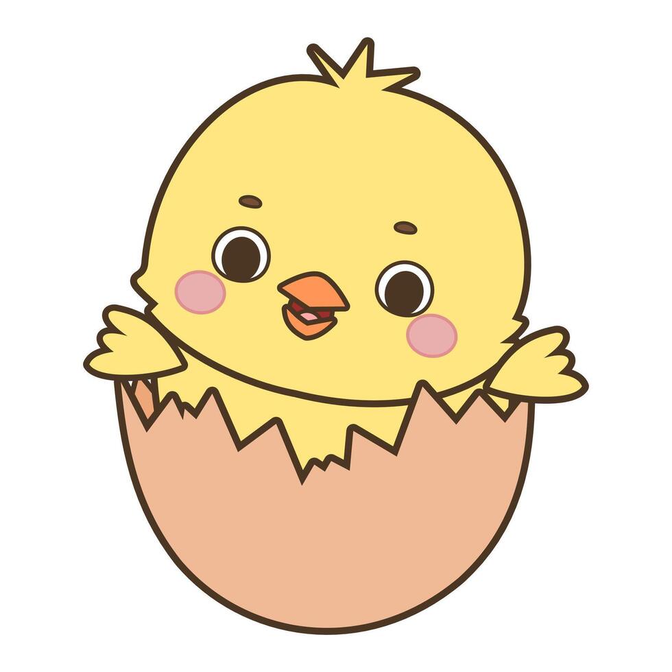 Cute cartoon yellow chick coming out of an egg illustration isolated on white background vector