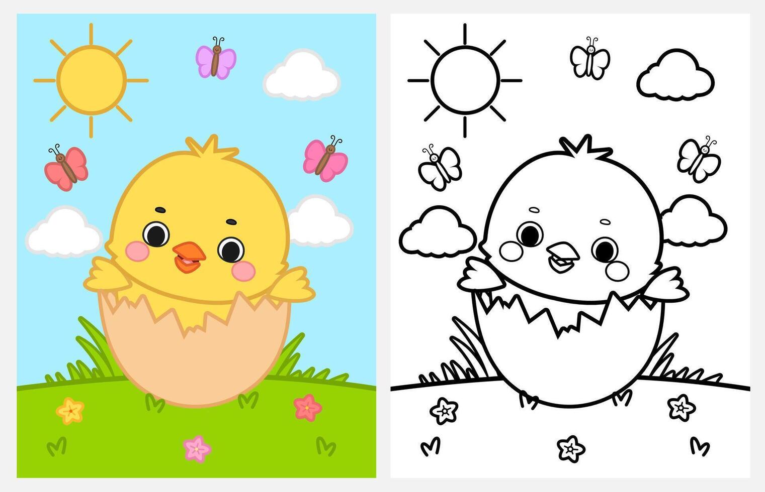 Cute cartoon little chick hatching from an egg coloring page for kids, spring coloring page for kids vector