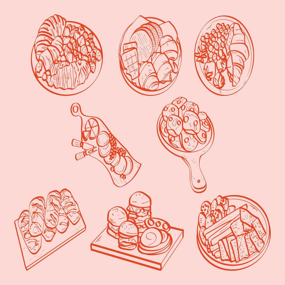 Assorted food items bread, pastries and cheese on a plate vector