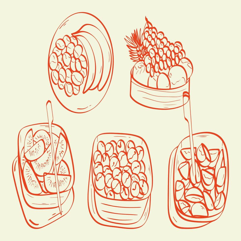 Assortment of Fruits Bananas, Grapes, and Kiwi in a Sketchy Illustration vector