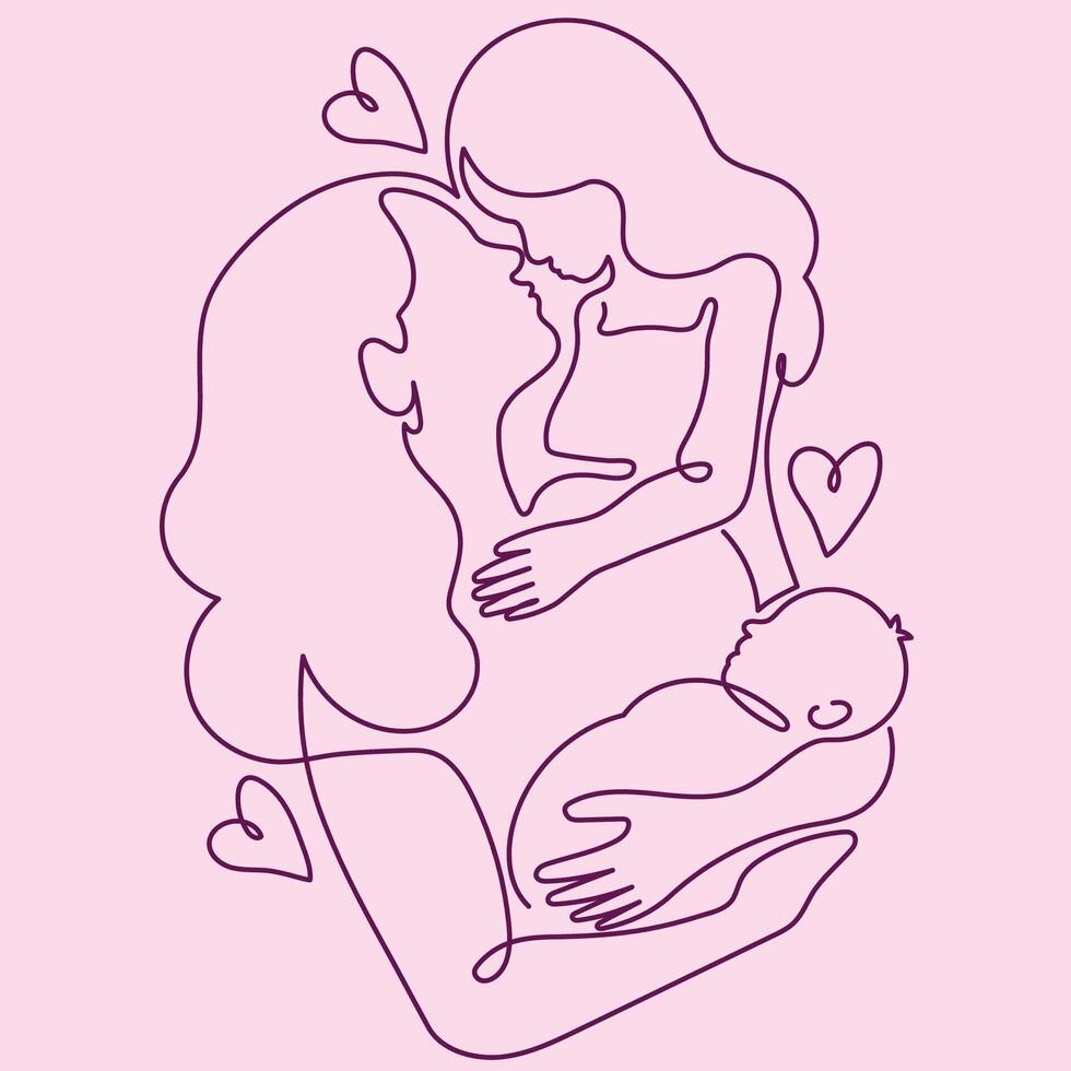 Line art illustration of a woman holding her child, Mother s Day. Maternal love. vector