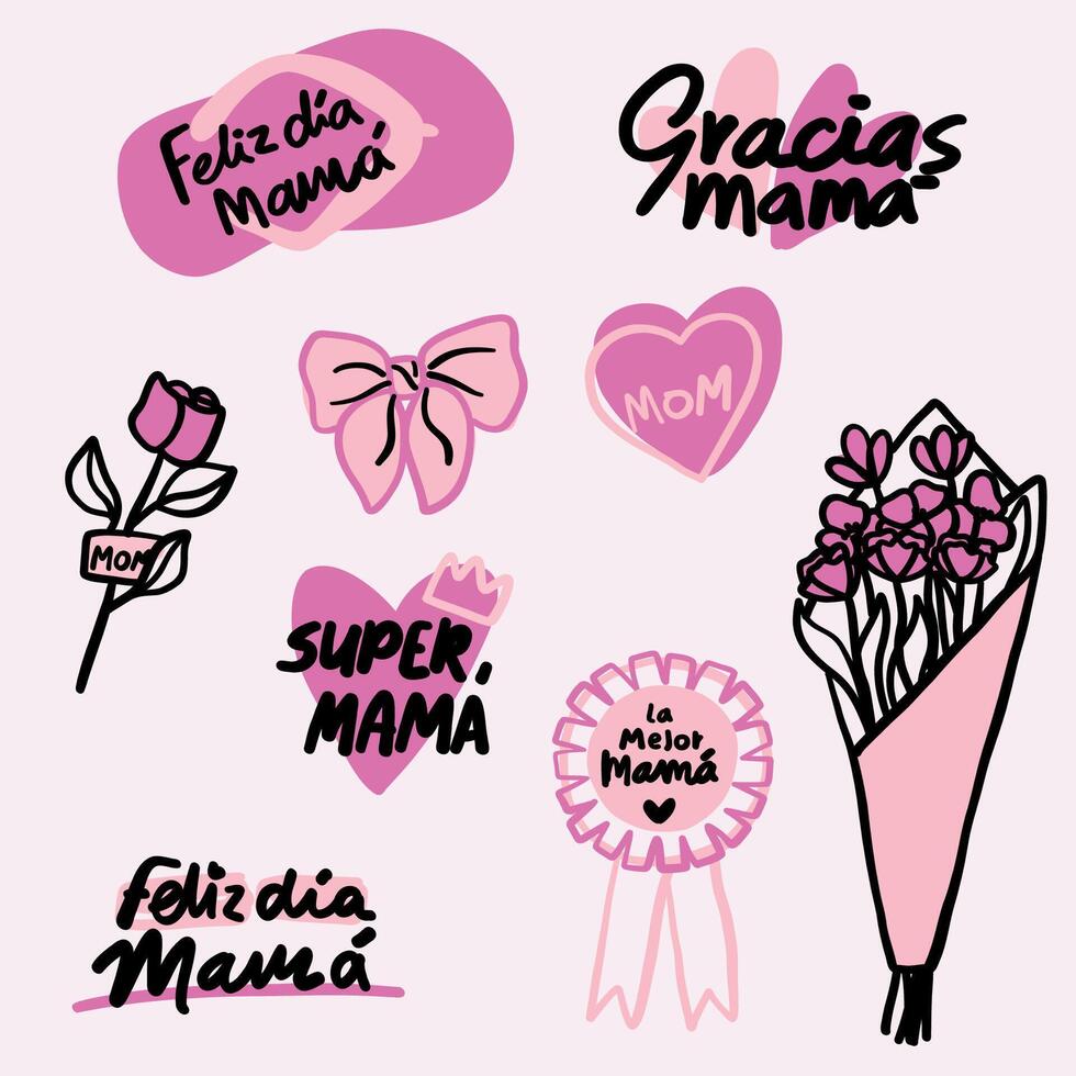 Mother's Day stickers. Mother's Day elements. handmade phrases, flowers, and icons vector