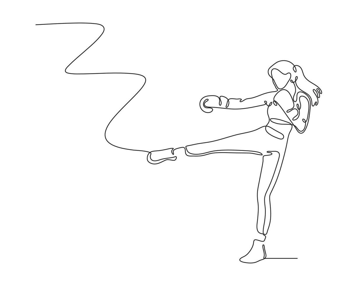 Continuous line drawing of a woman performing a front kick in a martial arts stance. Minimalist art ideal for fitness, kickboxing, and combat sport design themes. vector
