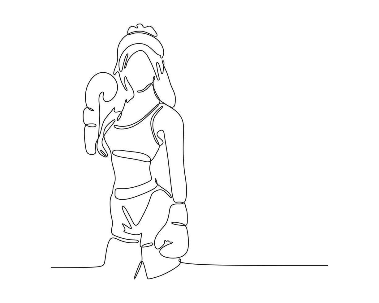 Single continuous line drawing of a female boxer with headgear and gloves. Sport and safety concept. vector