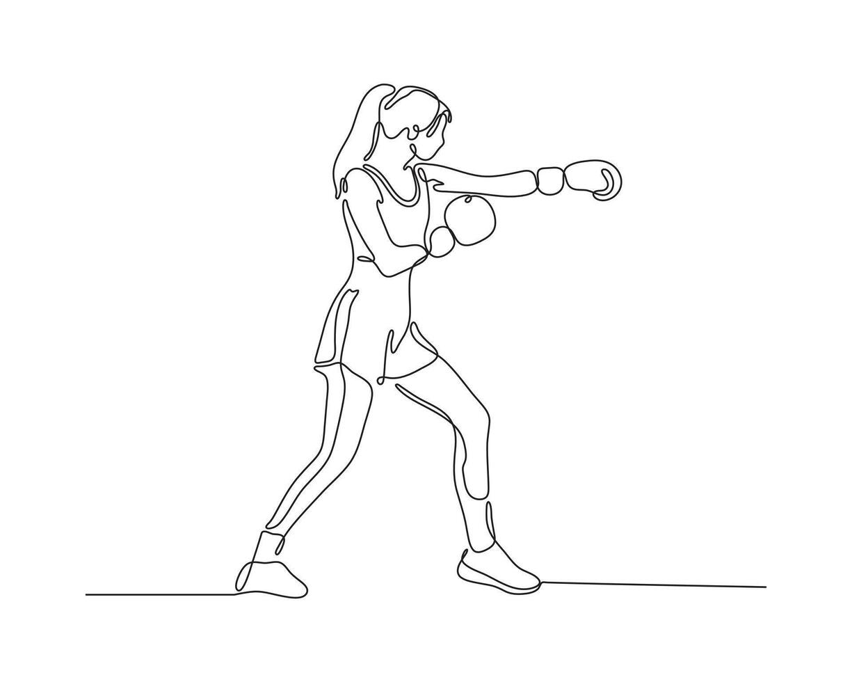 Continuous line drawing of a woman practicing boxing. Minimalist illustration of a female boxer throwing a punch, representing fitness, power, and athletic discipline. vector