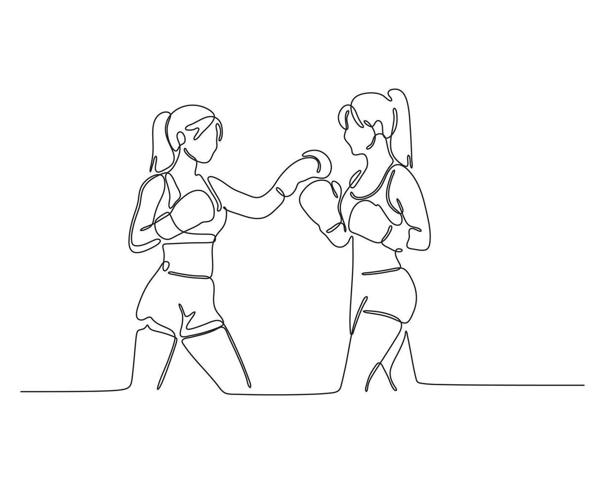 Two female boxers sparring, single continuous line drawing. Sport and competition concept. vector