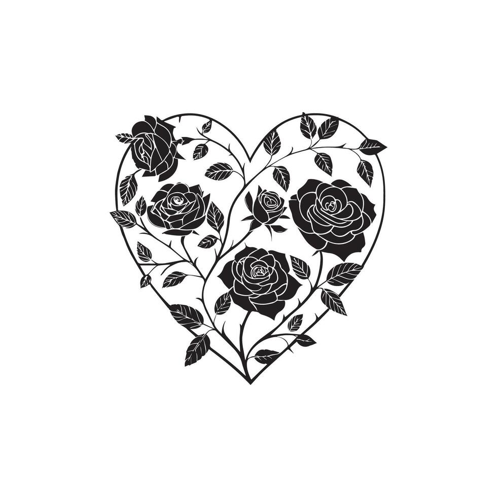 A timeless heart-shaped design, intricately woven with black roses and swirling vines, expressing eternal love and elegance in a striking monochrome silhouette. vector