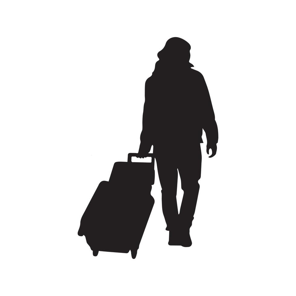 Silhouette of Traveler Pulling Suitcase at Airport Terminal vector