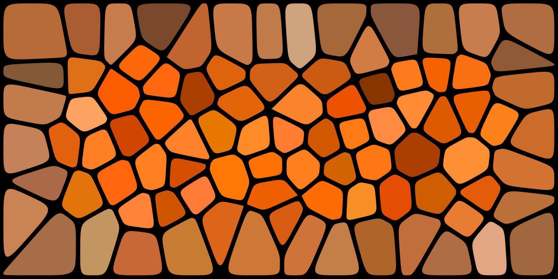 An abstract mosaic pattern made of irregular orange and brown tiles, creating a vibrant and earthy stained-glass effect with bold black outlines. vector