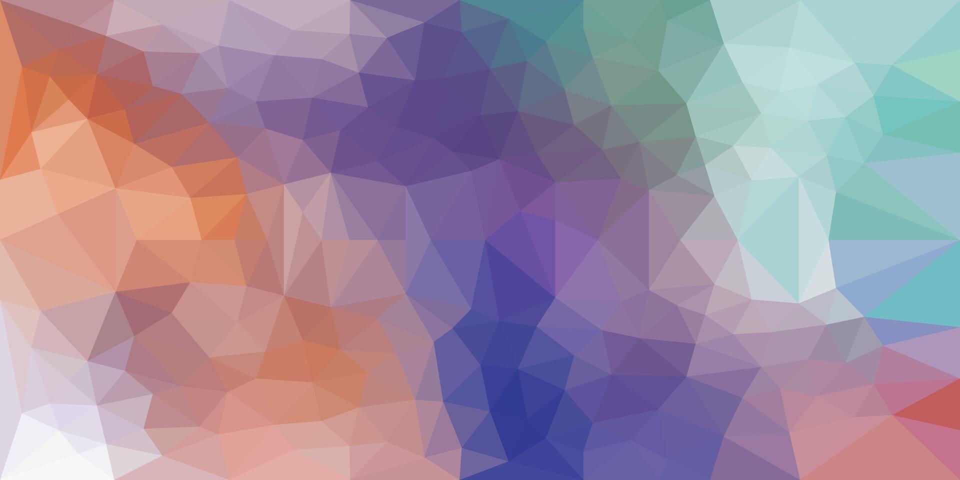 Abstract low-poly geometric background with a smooth gradient of warm and cool tones blending orange, purple, blue, and teal shapes for a modern and artistic look. vector