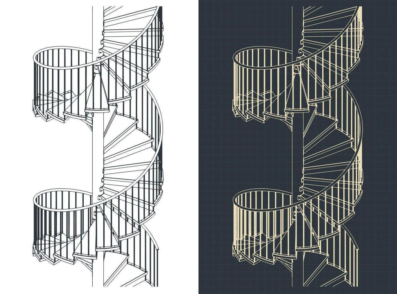 Spiral staircase isometric blueprints illustrations vector